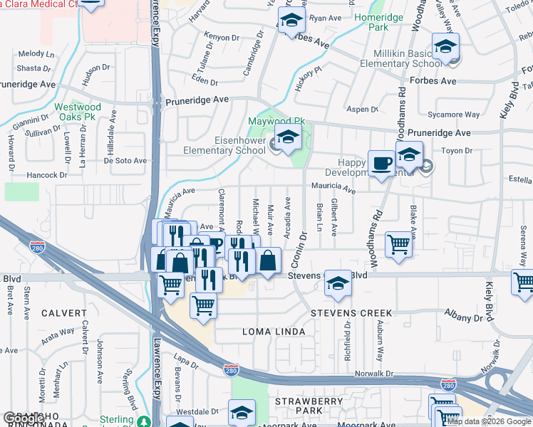 map of restaurants, bars, coffee shops, grocery stores, and more near 146 Muir Avenue in Santa Clara