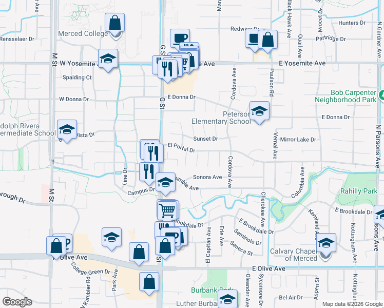 map of restaurants, bars, coffee shops, grocery stores, and more near 290 El Portal Drive in Merced