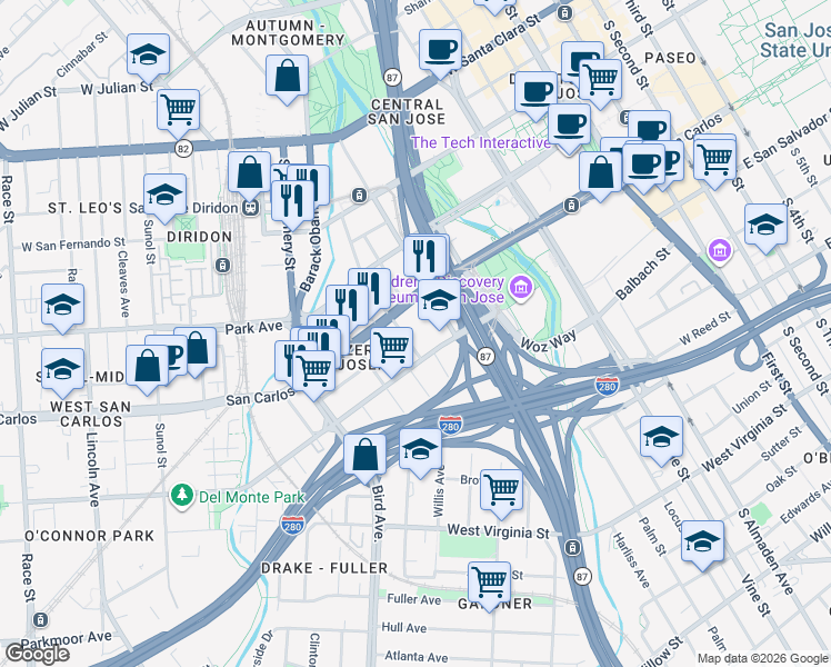 map of restaurants, bars, coffee shops, grocery stores, and more near 378 Gifford Avenue in San Jose