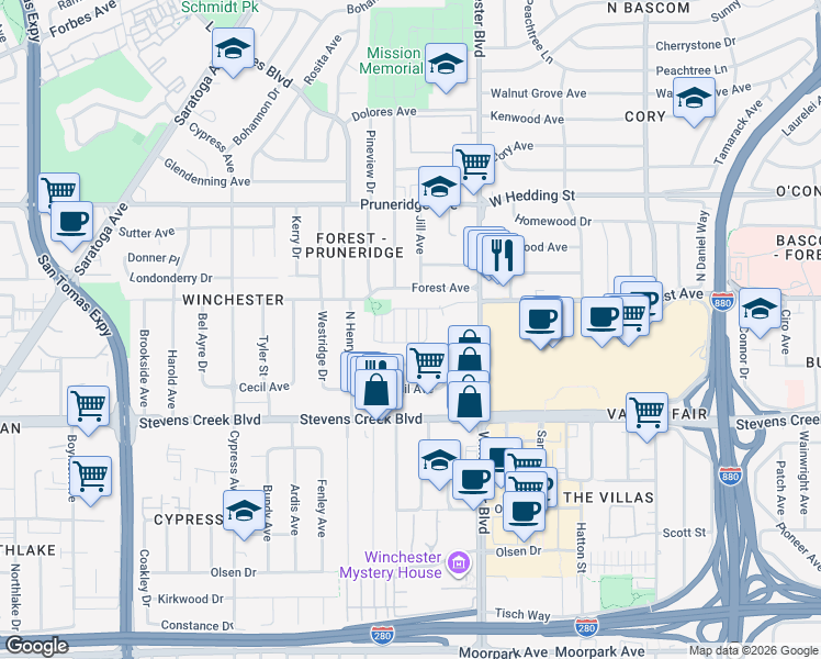 map of restaurants, bars, coffee shops, grocery stores, and more near 27 Paterson Place in Santa Clara