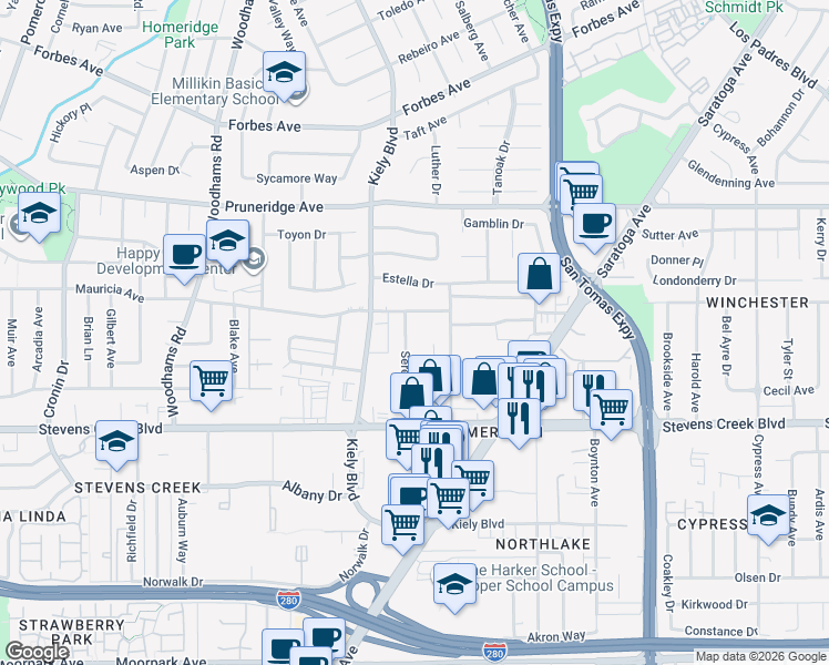 map of restaurants, bars, coffee shops, grocery stores, and more near 22 Buckingham Drive in Santa Clara