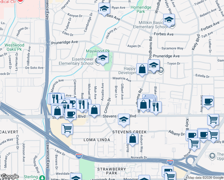 map of restaurants, bars, coffee shops, grocery stores, and more near 136 Brian Lane in Santa Clara