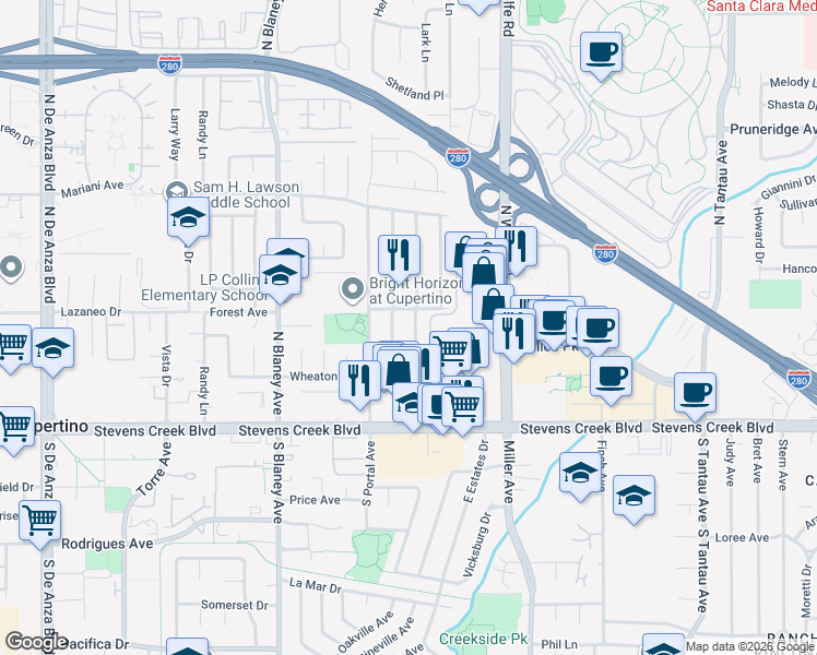 map of restaurants, bars, coffee shops, grocery stores, and more near 10212 Denison Avenue in Cupertino