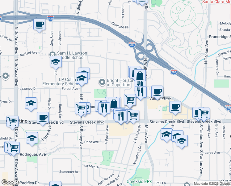 map of restaurants, bars, coffee shops, grocery stores, and more near 10211 Colby Avenue in Cupertino