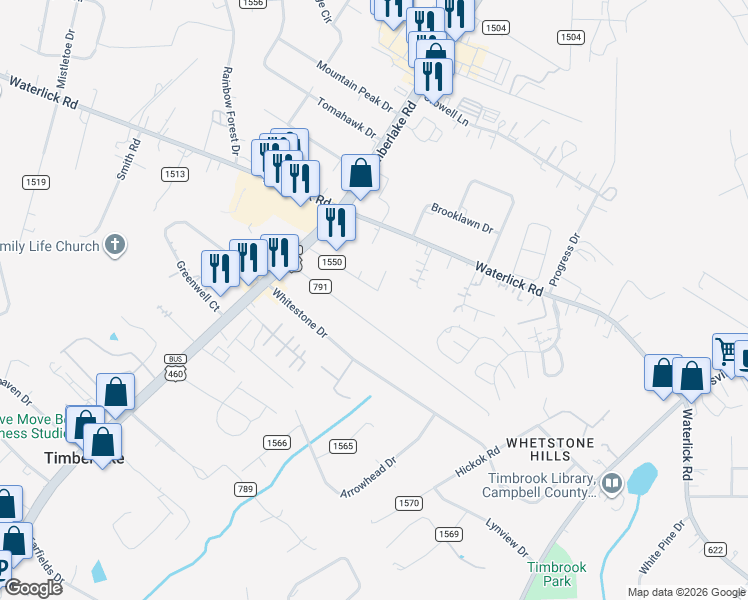 map of restaurants, bars, coffee shops, grocery stores, and more near 199 Pine Haven Drive in Lynchburg