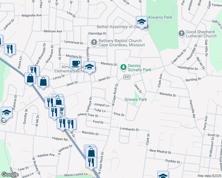 map of restaurants, bars, coffee shops, grocery stores, and more near 1331 Cape Rock Drive in Cape Girardeau