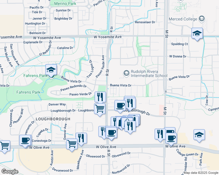 map of restaurants, bars, coffee shops, grocery stores, and more near 3386 R Street in Merced