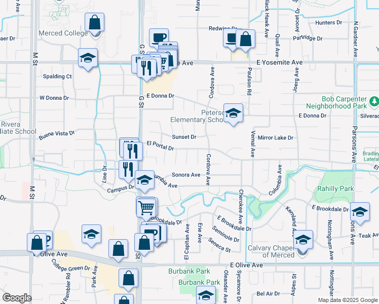 map of restaurants, bars, coffee shops, grocery stores, and more near 430 El Portal Drive in Merced
