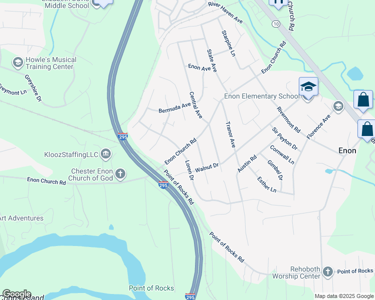 map of restaurants, bars, coffee shops, grocery stores, and more near 1201 Enon Church Road in Chester