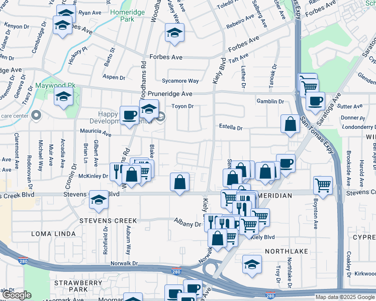 map of restaurants, bars, coffee shops, grocery stores, and more near 2843 Regnart Way in Santa Clara