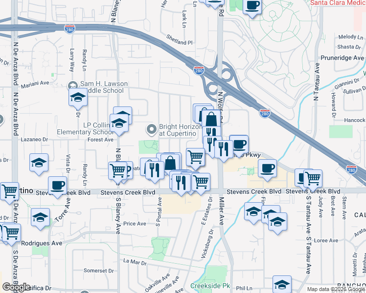 map of restaurants, bars, coffee shops, grocery stores, and more near 10212 Denison Avenue in Cupertino