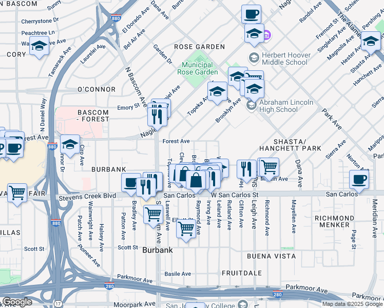map of restaurants, bars, coffee shops, grocery stores, and more near 135 Brooklyn Avenue in San Jose