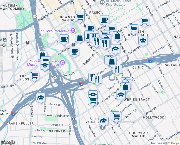 map of restaurants, bars, coffee shops, grocery stores, and more near 566 South Almaden Avenue in San Jose