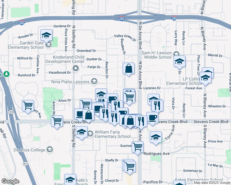 map of restaurants, bars, coffee shops, grocery stores, and more near 20652 Park Circle West in Cupertino