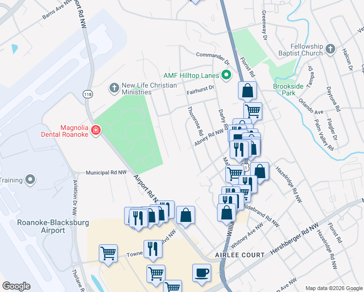 map of restaurants, bars, coffee shops, grocery stores, and more near 5709 Sierra Drive in Roanoke