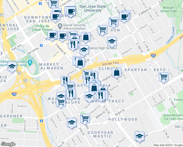 map of restaurants, bars, coffee shops, grocery stores, and more near 718 South 2nd Street in San Jose