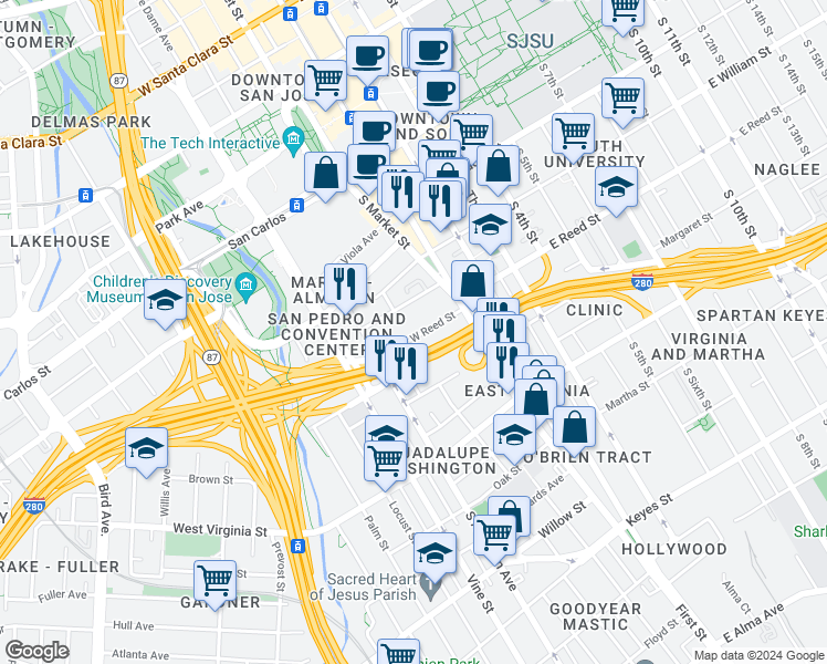 map of restaurants, bars, coffee shops, grocery stores, and more near 111 West Reed Street in San Jose