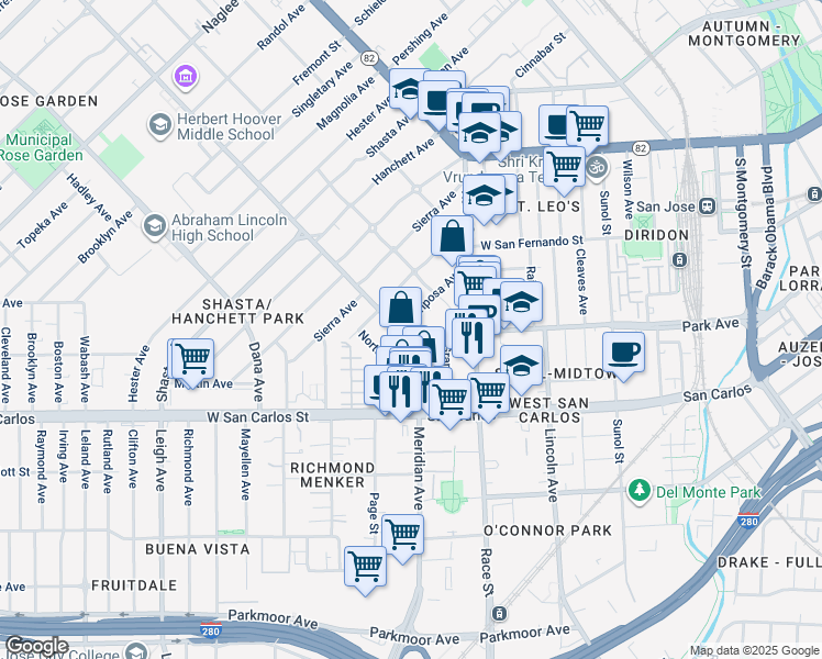 map of restaurants, bars, coffee shops, grocery stores, and more near 1384 Mariposa Avenue in San Jose