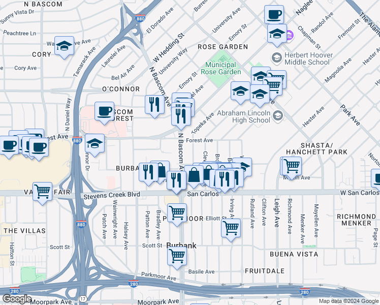map of restaurants, bars, coffee shops, grocery stores, and more near 148 Topeka Avenue in San Jose