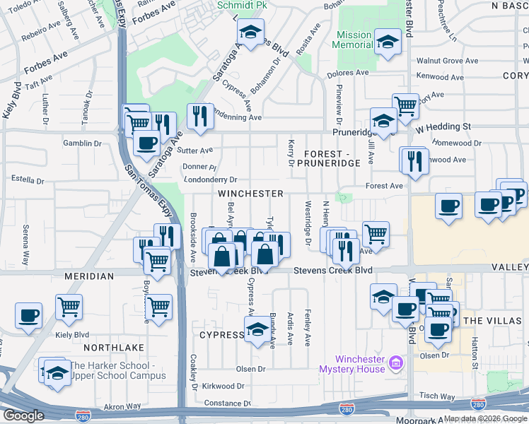 map of restaurants, bars, coffee shops, grocery stores, and more near 163 Tyler Avenue in Santa Clara