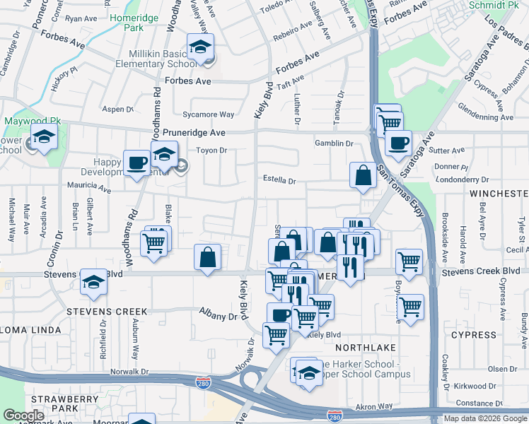 map of restaurants, bars, coffee shops, grocery stores, and more near 141 Serena Way in Santa Clara