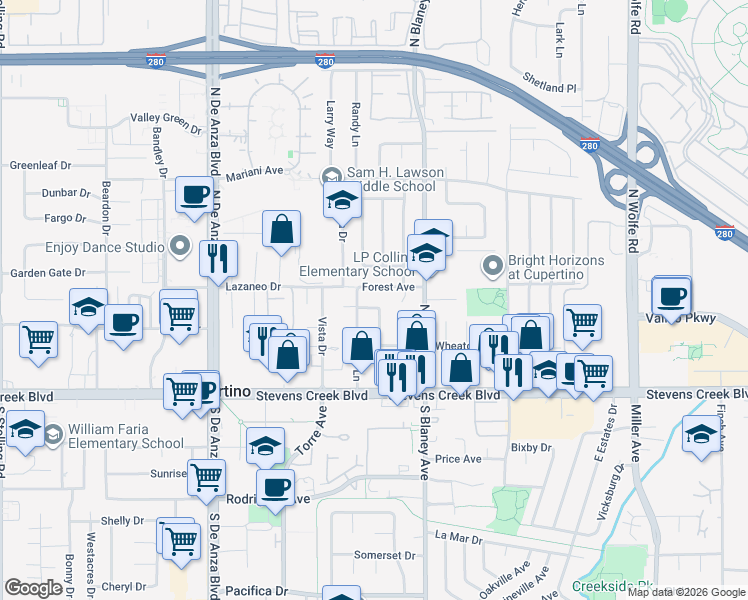 map of restaurants, bars, coffee shops, grocery stores, and more near 10196 Carol Lee Drive in Cupertino