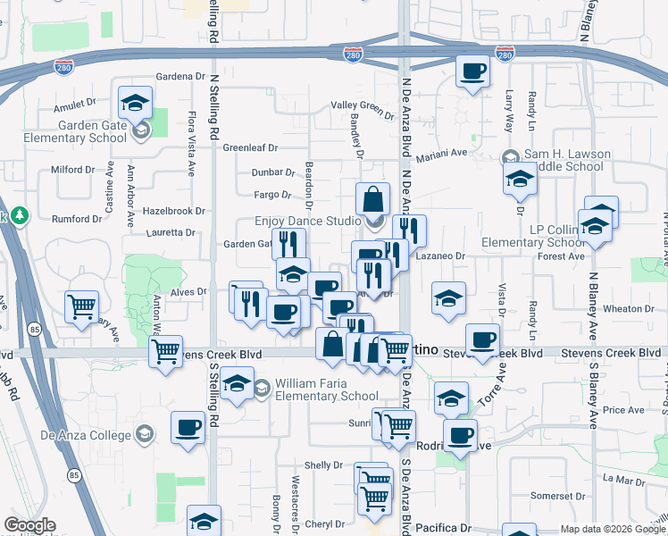map of restaurants, bars, coffee shops, grocery stores, and more near 20652 Park Circle West in Cupertino