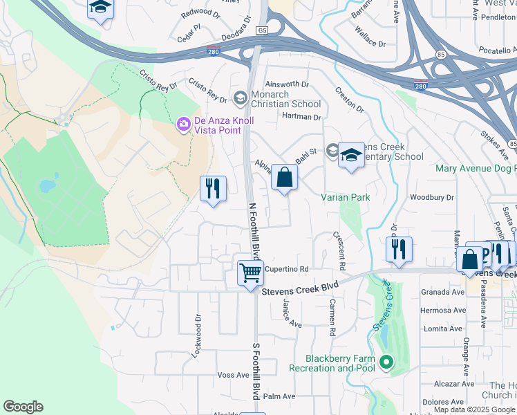 map of restaurants, bars, coffee shops, grocery stores, and more near 10210 North Foothill Boulevard in Cupertino
