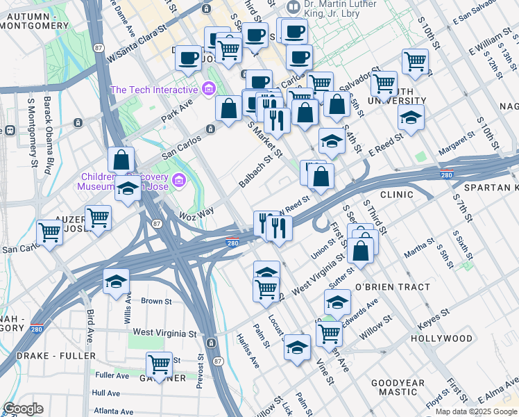 map of restaurants, bars, coffee shops, grocery stores, and more near 566 South Almaden Avenue in San Jose
