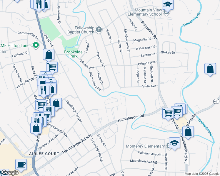 map of restaurants, bars, coffee shops, grocery stores, and more near 5323 Daytona Road in Hollins