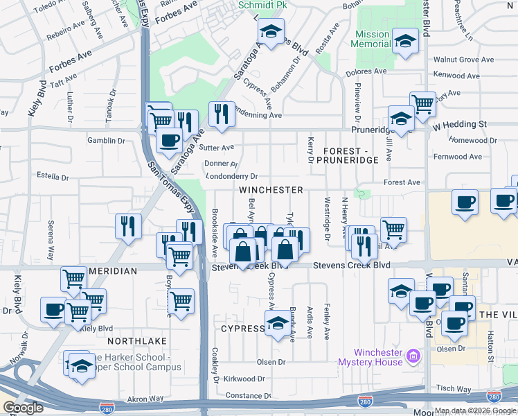 map of restaurants, bars, coffee shops, grocery stores, and more near 146 Bel Ayre Drive in Santa Clara