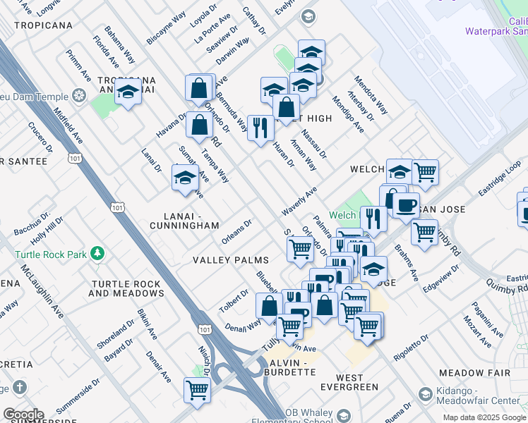 map of restaurants, bars, coffee shops, grocery stores, and more near 2159 King Road in San Jose