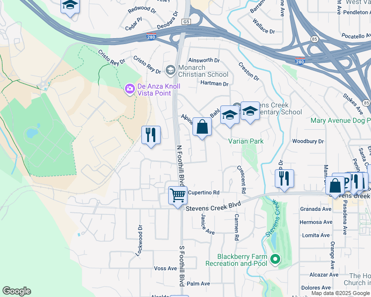map of restaurants, bars, coffee shops, grocery stores, and more near 10210 North Foothill Boulevard in Cupertino