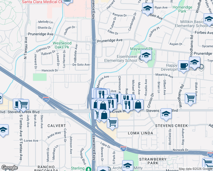 map of restaurants, bars, coffee shops, grocery stores, and more near 3552 Elmhurst Avenue in Santa Clara
