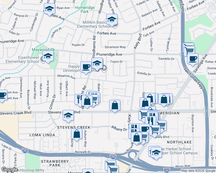 map of restaurants, bars, coffee shops, grocery stores, and more near 2925 Roma Court in Santa Clara