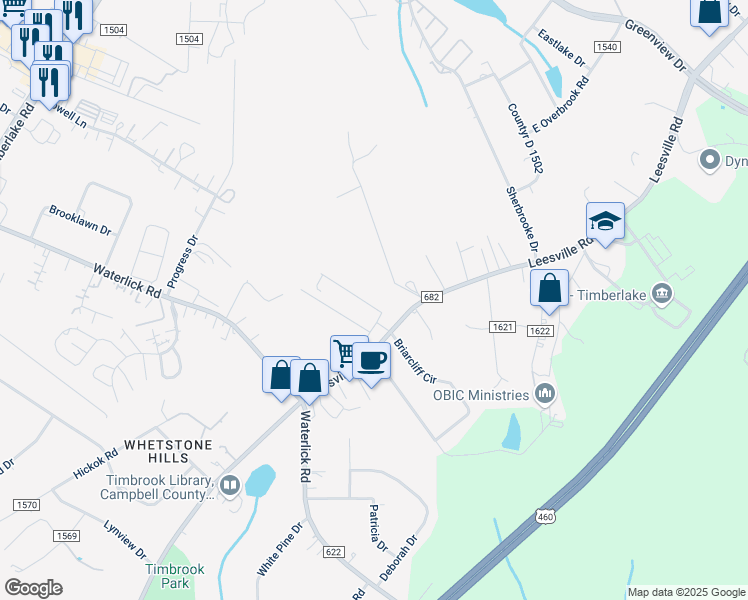 map of restaurants, bars, coffee shops, grocery stores, and more near 19442 Leesville Road in Lynchburg
