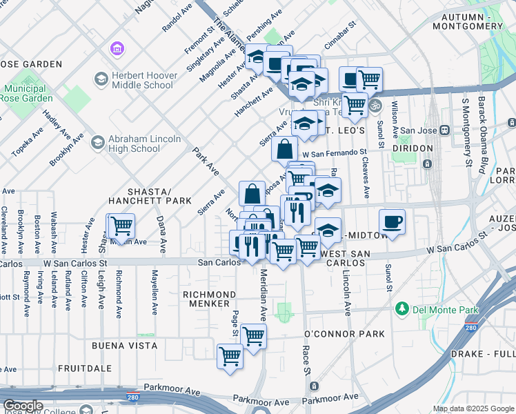 map of restaurants, bars, coffee shops, grocery stores, and more near 1384 Mariposa Avenue in San Jose