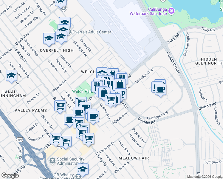map of restaurants, bars, coffee shops, grocery stores, and more near Tully Rd & Quimby Rd in San Jose
