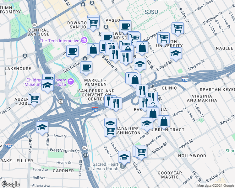 map of restaurants, bars, coffee shops, grocery stores, and more near 111 West Reed Street in San Jose