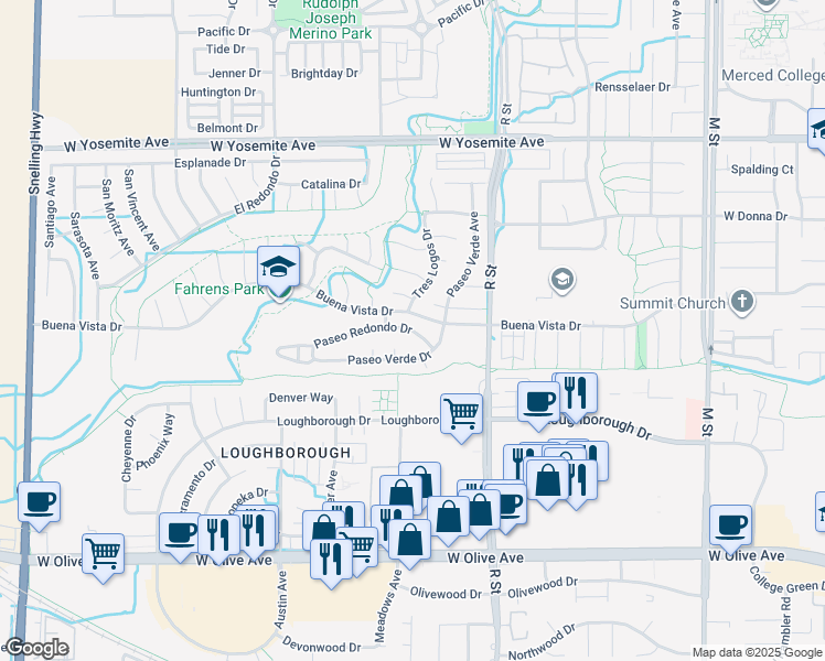 map of restaurants, bars, coffee shops, grocery stores, and more near 1328 Paseo Redondo Drive in Merced