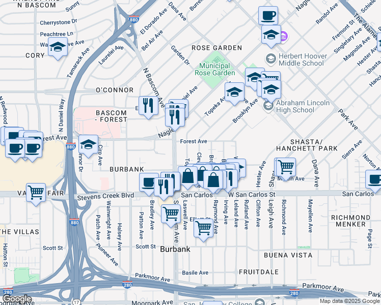 map of restaurants, bars, coffee shops, grocery stores, and more near 162 Topeka Avenue in San Jose