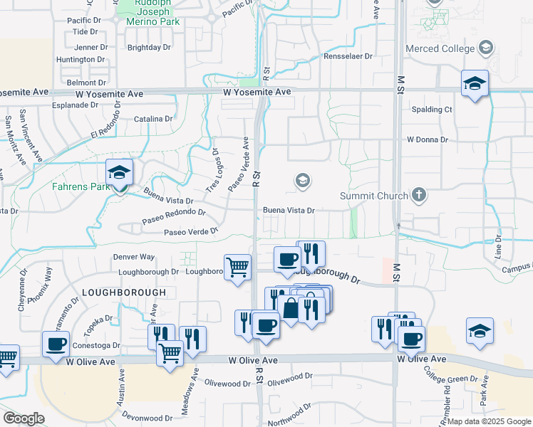 map of restaurants, bars, coffee shops, grocery stores, and more near 1000 Buena Vista Drive in Merced