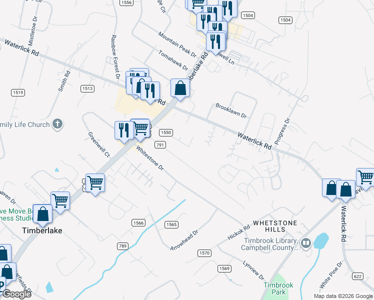 map of restaurants, bars, coffee shops, grocery stores, and more near 199 Pine Haven Drive in Lynchburg