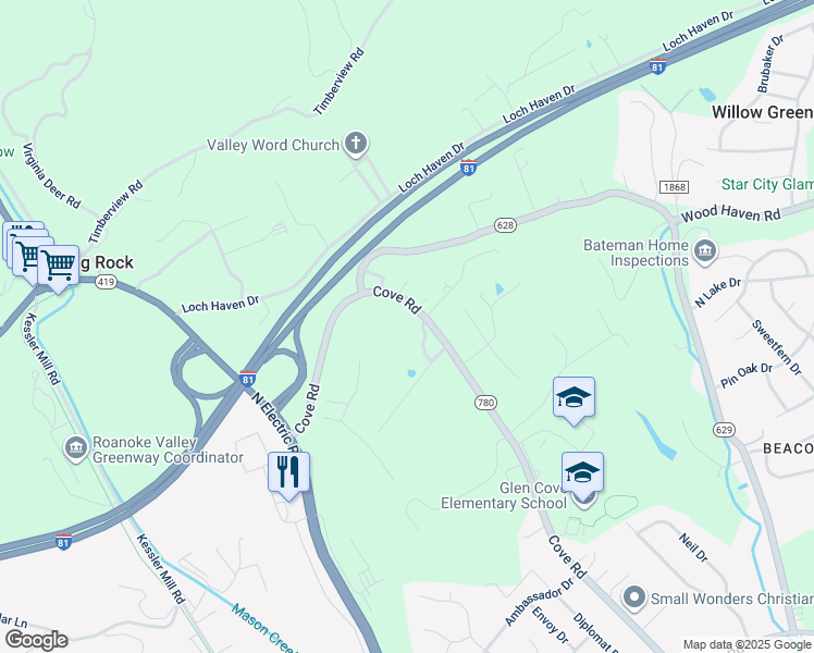 map of restaurants, bars, coffee shops, grocery stores, and more near 6204 Cove Road in Roanoke