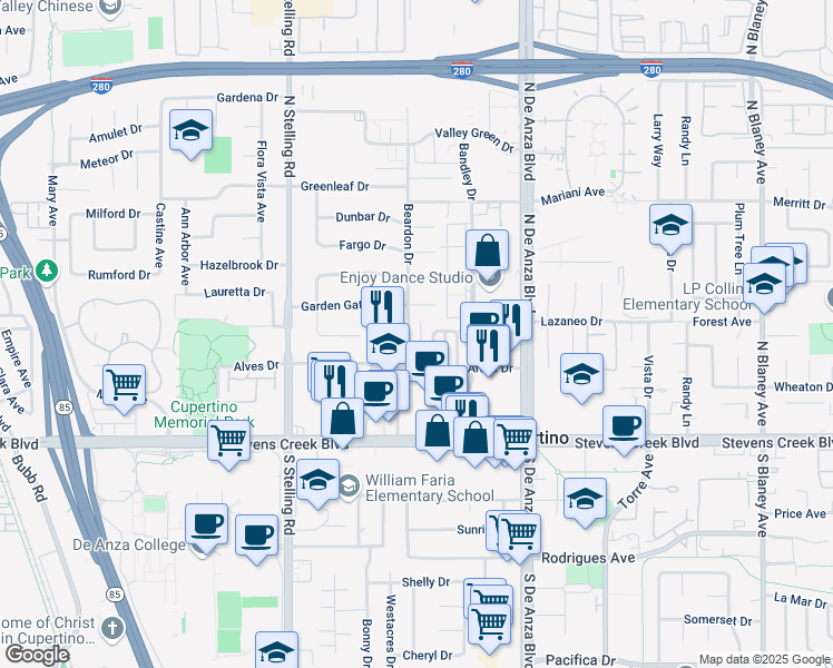 map of restaurants, bars, coffee shops, grocery stores, and more near 10195 Beardon Drive in Cupertino