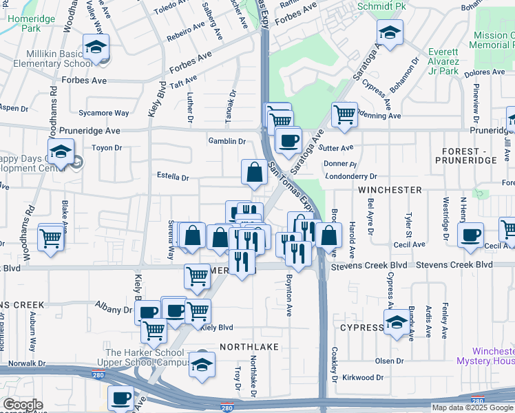 map of restaurants, bars, coffee shops, grocery stores, and more near 122 Saratoga Avenue in Santa Clara