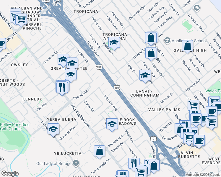 map of restaurants, bars, coffee shops, grocery stores, and more near 1394 Kilchoan Court in San Jose