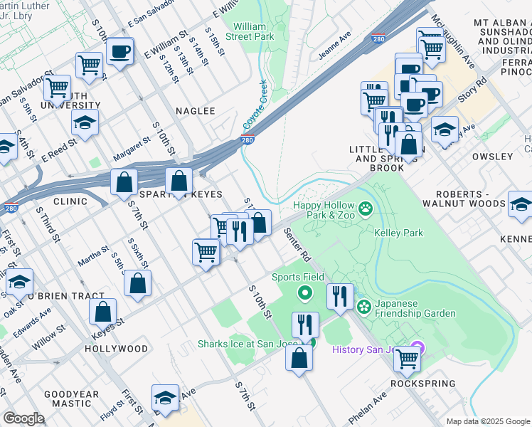 map of restaurants, bars, coffee shops, grocery stores, and more near 1045 South 12th Street in San Jose