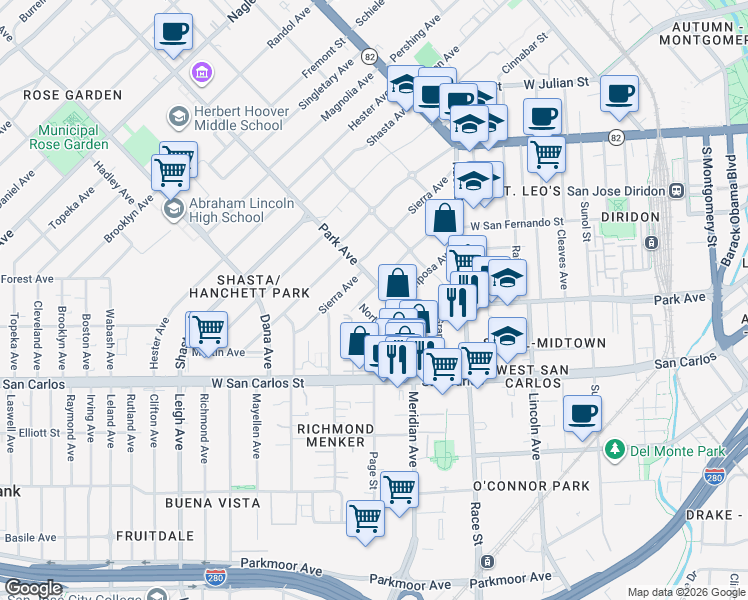 map of restaurants, bars, coffee shops, grocery stores, and more near 80 Norton Avenue in San Jose