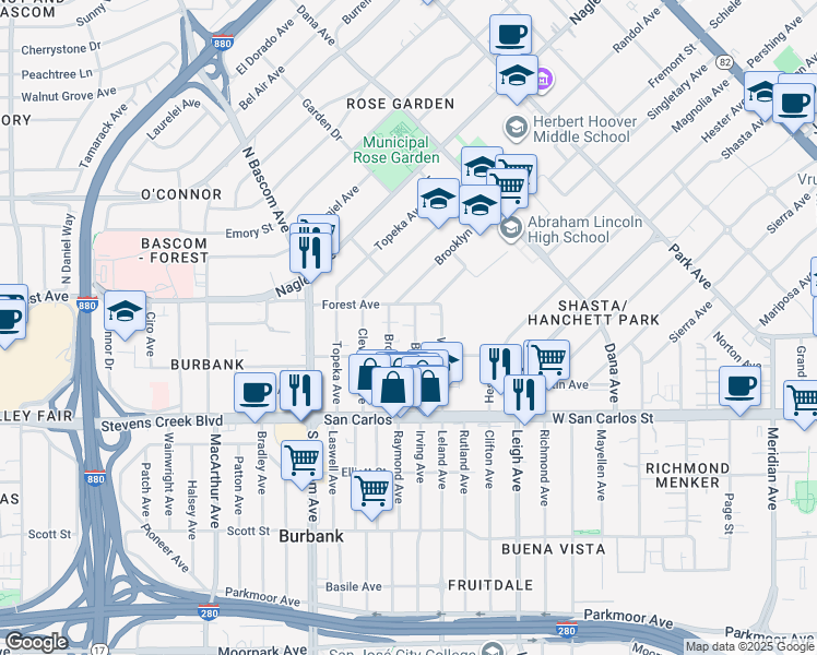 map of restaurants, bars, coffee shops, grocery stores, and more near 128 Boston Avenue in San Jose